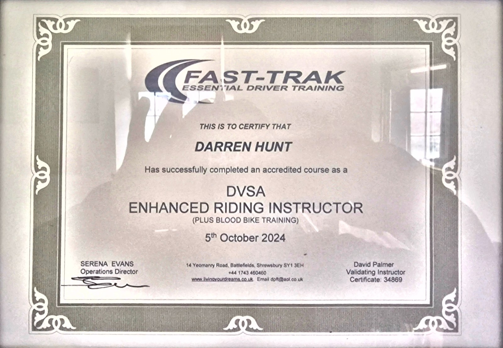 Darren Hunt's DVSA Enhanced Riding Instructor certificate, FAST-TRAK Essential Driver Training, 5th October 2024