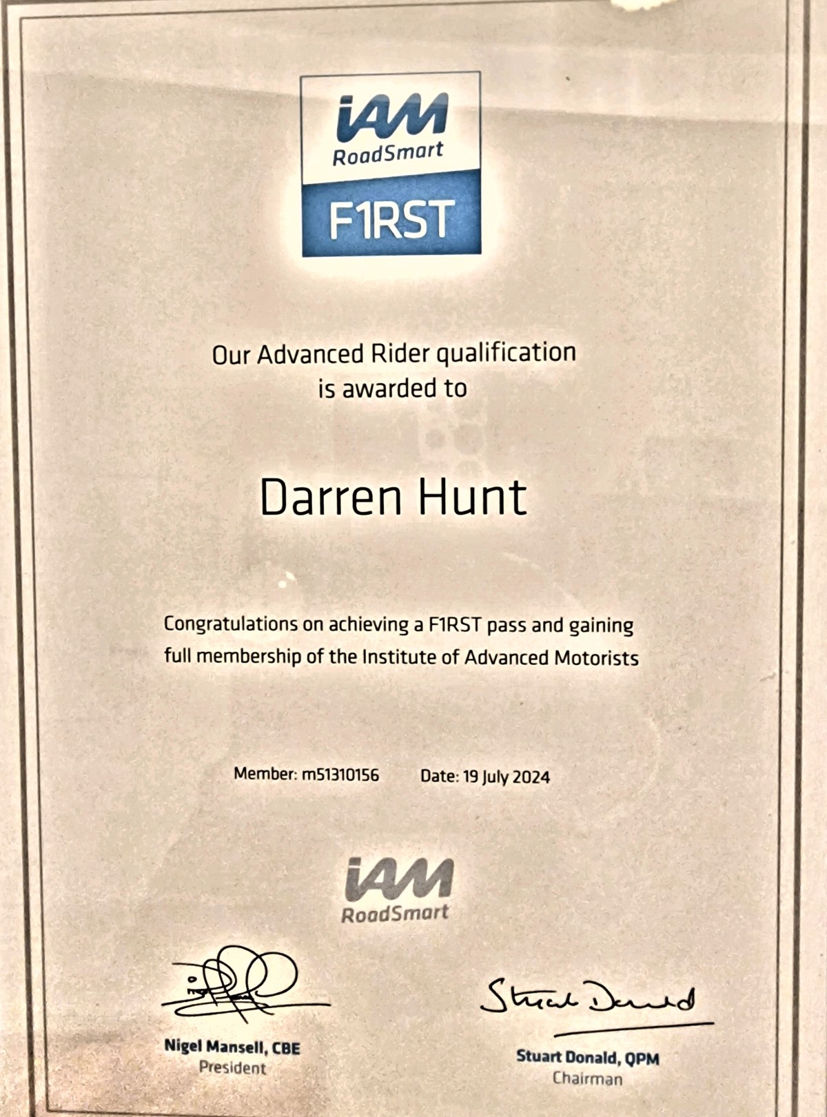 Darren Hunt's IAM RoadSmart F1RST certificate, Advanced Rider qualification, 19 July 2024